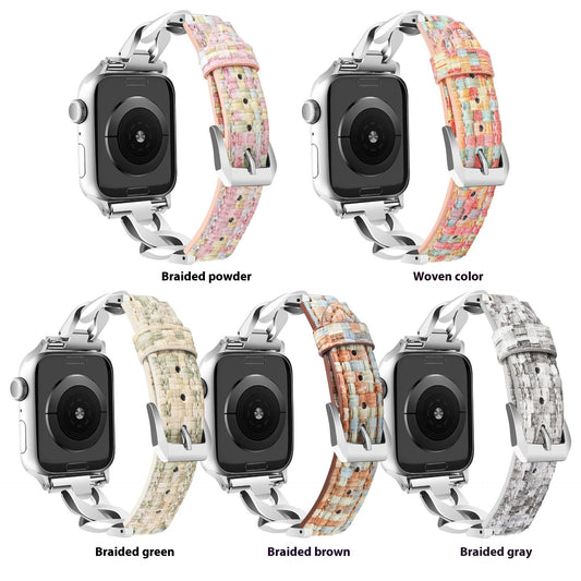 Suitable for Apple watches with diamond studded denim chain woven pattern colored leather strap