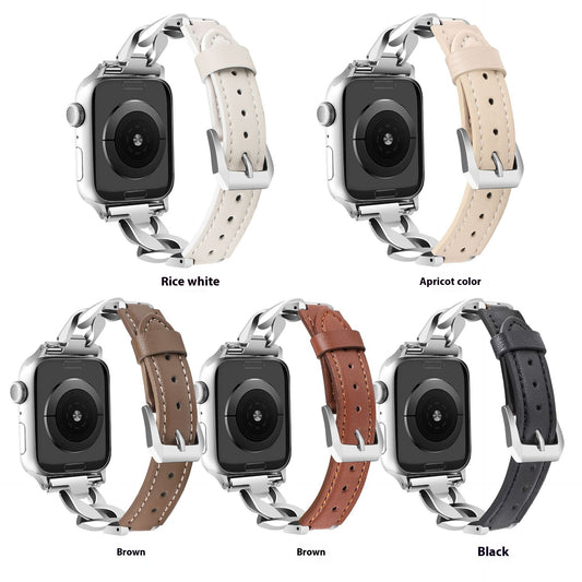 Suitable for Apple watches with diamond inlaid metal chains and leather denim chains. Leather strap