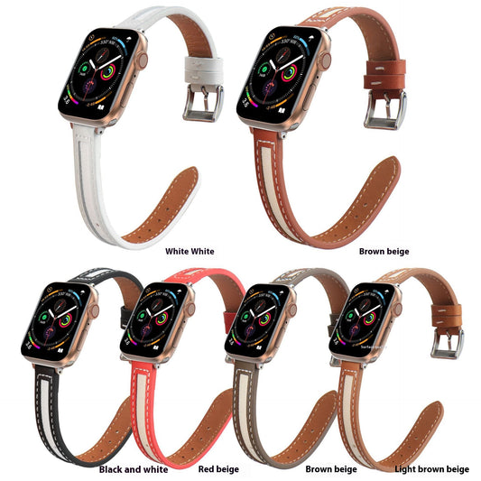 Suitable for Apple Watch contrasting color strap, genuine leather canvas strap, slim design