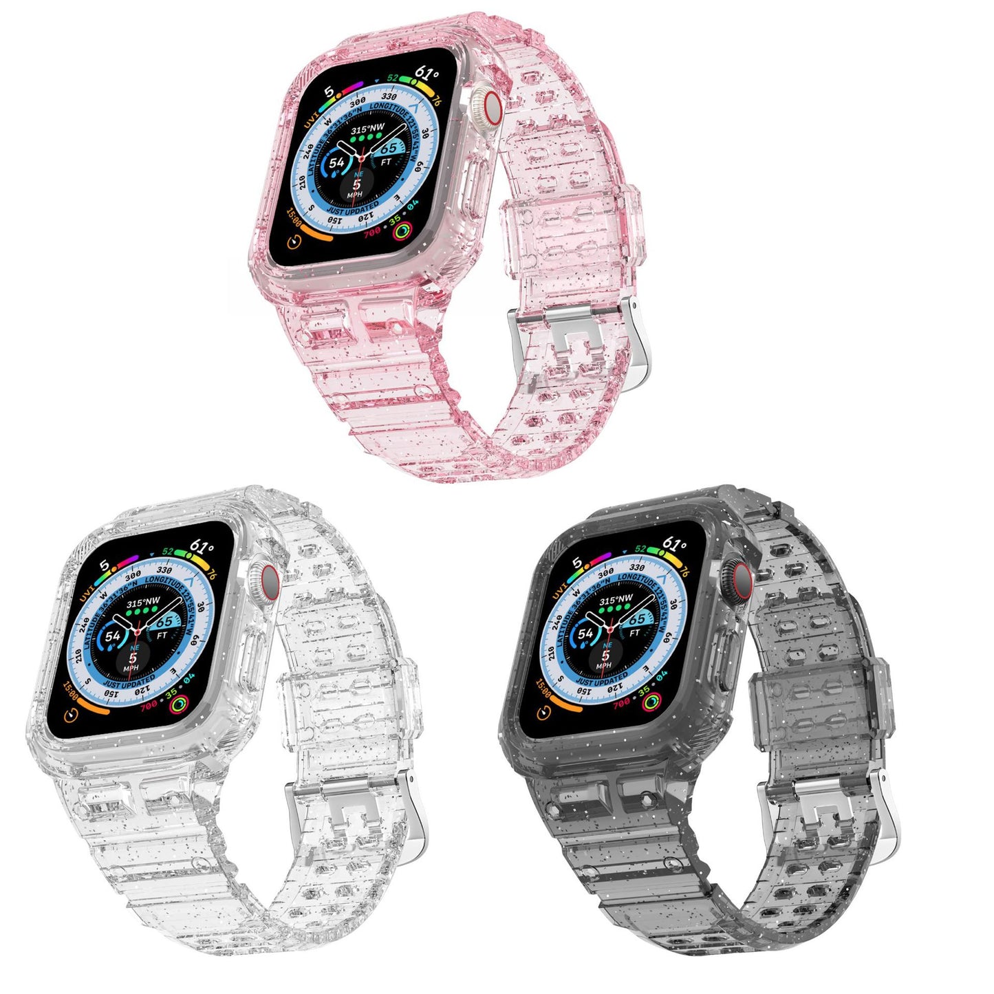 Suitable for Apple Watch Glacier Transparent Silver Sparkling Powder TPU Integrated Double Buckle Watch Strap