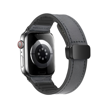Suitable for Apple watches with silicone skin, magnetic suction, foldable buckle, and genuine leather strap