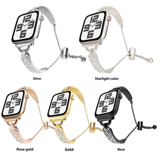 Suitable for Apple watches with metal diamond inlay adjustment chain, stone shaped curved thin strap
